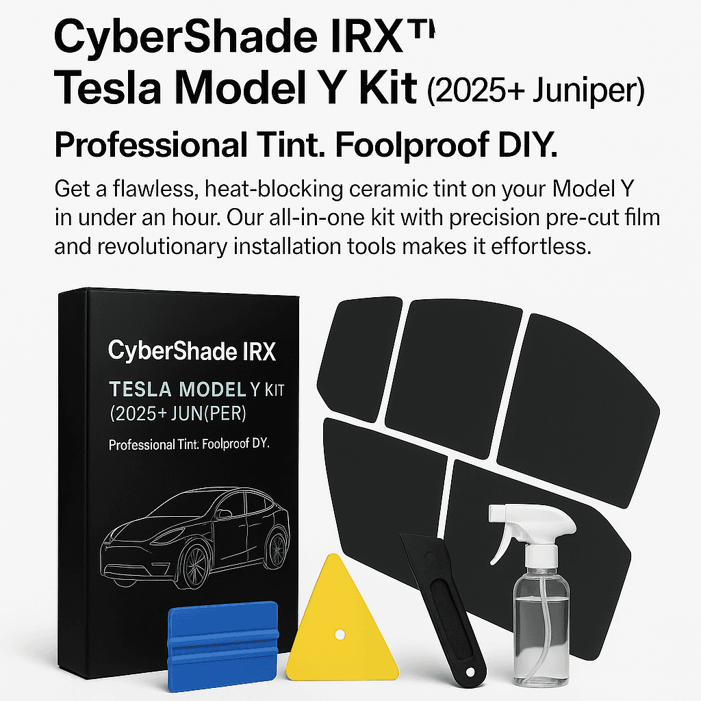 Complete CyberShade IRX Tesla Model Y Kit Contents - Professional flat-lay showing all tools, films, and accessories